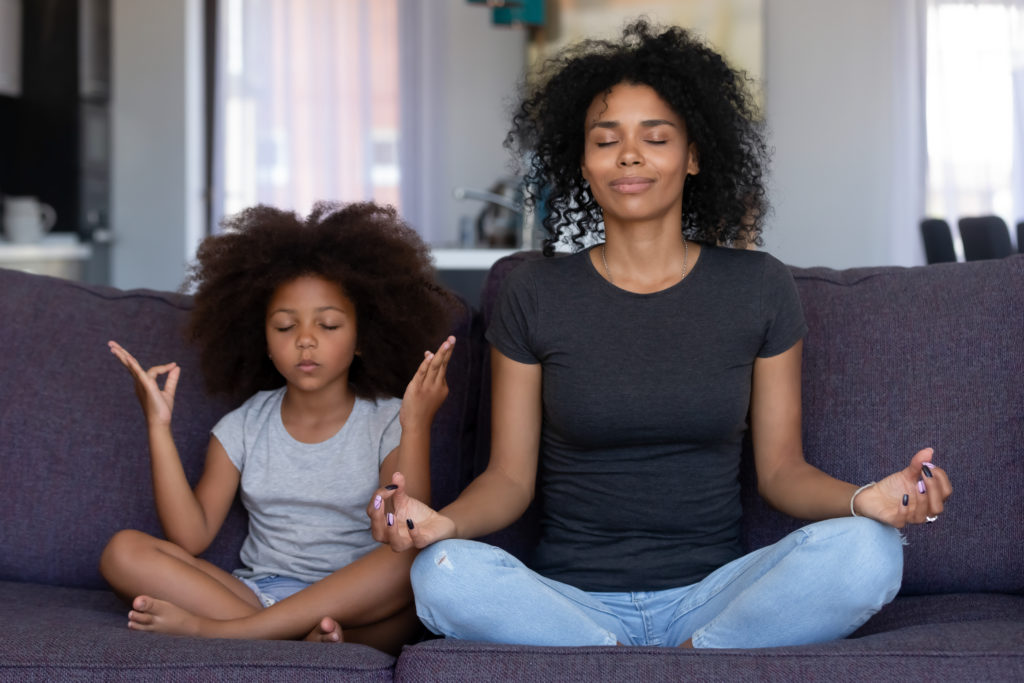 Mindful,African,Mom,With,Cute,Funny,Kid,Daughter,Doing,Yoga